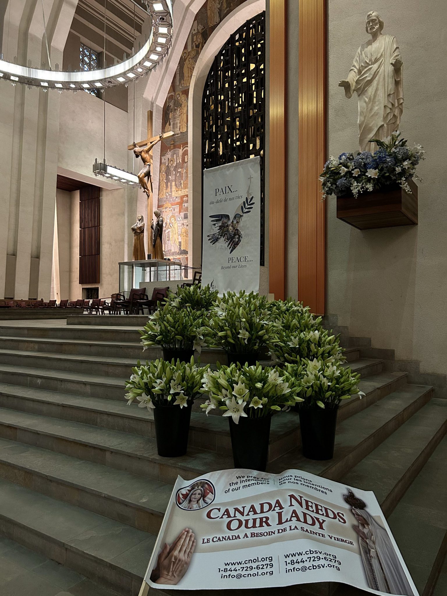 On March 19th, 2024, in celebration of the 400th anniversary of the dedication of St. Joseph as the patron saint of Canada, friends and staff of Canada Needs Our Lady were blessed to deliver your petitions and lilies to Saint Joseph, at Canada’s most cherished Saint Joseph’s Oratory, which was founded by Saint Brother André in 1904. We are grateful to the staff of Saint Joseph’s Oratory for receiving us with such kindness and for allowing us to bestow our beautiful lilies to Saint Joseph throughout the oratory.