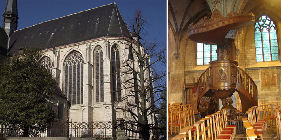 Outside façade and interior of the Church of Saints Peter and Guy, Anderlecht, Belgium.